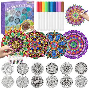 insnug mandala window cling art kit ، للأطفال والكبار ، والفن الزجاجي الملون ، ومجموعة Suncatcher ، وتصميمات وتلوين قابلة للتخصيص للاسترخاء