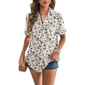 Zeagoo Women Linen Button Down Shirt Rolled Cuffed Short Sleeve Blouse Ladies Summer Casual V Neck Beach Cotton Tops