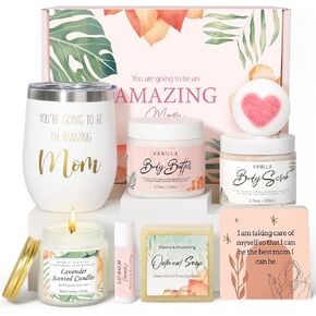 New Mom Gifts for Women, Pregnancy Gifts for Expecting Mom, new Mom Care Package After Baby, Mothers Day Mom to Be Gift Mama Must Haves with Affirmation Cards Candle for Self Care After Birth (Pink)