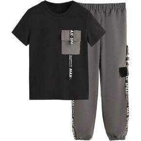 OYOANGLE Boy's 2 Piece Outfits Graphic Short Sleeve Crew Neck T Shirt and Sweatpants Set