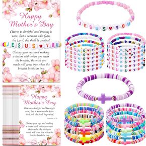 Kenning 24 Sets Mothers Day Gifts for Church Cross Gifts Bulk Jesus Loves You Bracelets with Happy Mother's Day Cards Adjustable Christian Cross Clay Bead Bracelets with Religious Card for Mom