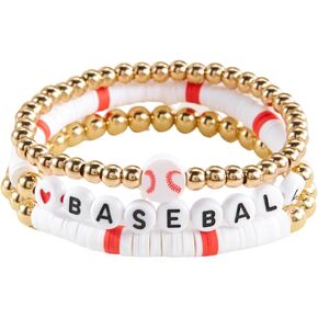 3Pcs Dainty Football Soccer Baseball Basketball Rugby Volleyball Polymer Clay Beaded Charm Bracelets Handmade Gold Beaded Sports Ball Stretch Bracelet for Women Men Sports Team Jewelry Gift
