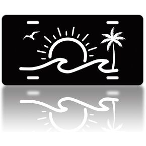 Ocean Wave and Sun License Plate Hawaiian Palm Tree License Plate Funny Stainless Steel Car Decoration Accessory Vanity Tag for USA Canada Standard License Plate Holder for Men Women12.2" X 6.2"