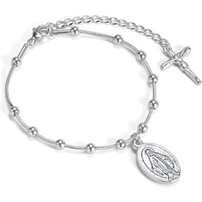 Women's Gold Virgin Mary Bracelet - 14k Gold Plated Rosary Bead Cross Bracelets,Hypoallergenic Non Tarnish Gold Religious Baptism Dainty Virgen de Guadalupe Bracelets,Catholic Jewelry Gifts for Her