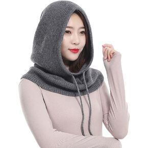 Hooded Scarf Hat with Drawstring, Soft Warm Winter Hats for Women, Knitted Hoodie Scarf Neck Warmer Dark Grey
