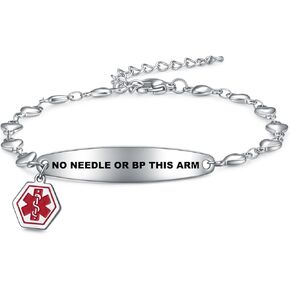 Medical Alert Bracelets for Women,Emergency Medical Id Bracelets with Free Laser Engraving,Stainless Steel Adjustable Wristband Bracelets(NO NEEDLE OR BP THIS ARM)