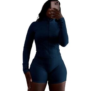Molilove Womens 2 Piece Outfits Lounge Sweatsuit Set Long Sleeve Zipper Crop Jacket and Shorts Tracksuits Workout Set