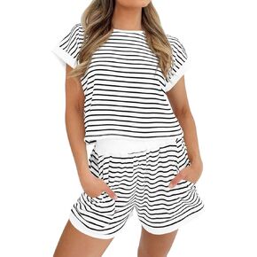 مجموعات Tankaneo Womens Summer 2 قطعة مخططة مخططة القمصان و Stishs Loungewear مجموعة مطابقة