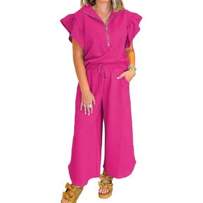 KevaMolly Womens Lounge Sets Textured Ruffled Sleeve Zipped Top and Wide Leg Pants Set Daily Two Piece Sets