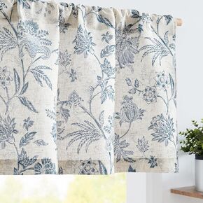 Vangao Linen Blend Valance Curtain Farmhouse Cottage Floral Small Window Curtain Light Filtering for Kitchen Rustic Valance for Living Room Bedroom Rod Pocket 1 Panel Blue on Beige