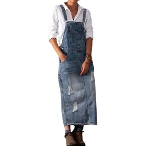 loveimgs Women Distressed Denim Overall Dress Ripped Long Jean Pinafore Dress Adjustable Straps Jumper Bib Dress