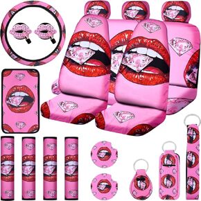 20 Pieces Red Lip Car Accessories Set Sparking Diamond Car Seat Cover Steering Wheel Cover Seat Belt Cover Center Console Armrest Pad Car Holder Keychain Vent Decor (Red)