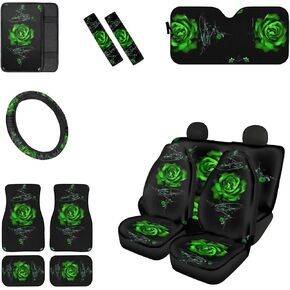13 Pcs Blue Flame Skull Car Seat Covers Full Set, Car Seat Protector Windshield Sunshade Car Floor Mats Carpet Steering Wheel Cover Armrest Cover Seat Belt Pad for Cars Trucks and SUVs