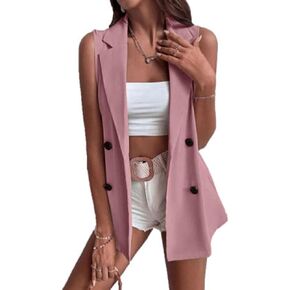 Women's Sleeveless Blazer Vest Summer Casual Open Front Cardigan Double Breasted Jacket with Pockets