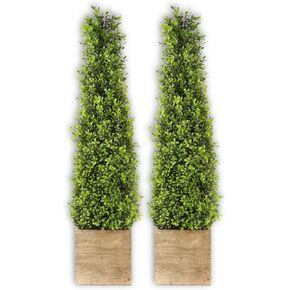Need's Need 2.8ft الاصطناعي Topiary Tree 34inch مع أواني خشبية لسيارات الشرفة الخارجية والداخلية 2 مجموعة