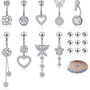 18pcs Belly Button Rings 14G 1.6MM Stainless Steel CZ Navel Rings Belly Button Piercings Jewelry Belly Rings for Women with 9pcs Replacement Balls Silver Gold Pink