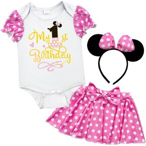 Newbron Baby Girls 1st Birthday Outfits Romper and Skirt with Mouse Ears Headband One Year Old Dress Costume