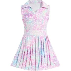 JiAmy Girls Tennis Dress Sleeveless Polo V Neck Athletic Dress Cutout Back Printed Pleated Girls Golf Dresses 3-12 Y