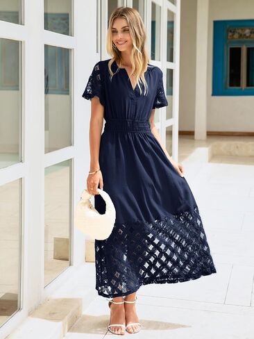 Simplee Womens 2025 Summer Boho Maxi Dress V Neck Empire Waist Long Flowy Dresses with Pockets in Saudi Arabia