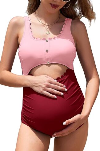 SHEKINI Women's Maternity Scalloped One Piece Swimsuit Cut Out Pregnancy Bathing Suit in Saudi Arabia