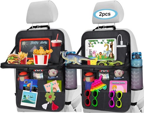 Car Back Seat Organizer, Storage Organizer with Foldable Table Tray and Tablet Holder, 11 Storage Pockets Kick Mats Back Seat Protector for Kids, Car Travel Accessories (2 Pack) in Saudi Arabia