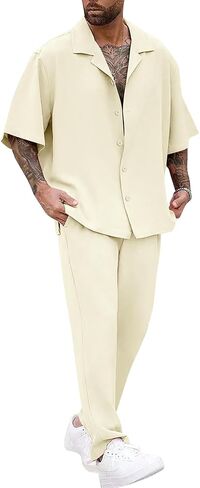 Lecgee Men Summer Summer Short Sleeve Pant Trits Told Button Button Down Down Sirt Pants 2 قطعة ملابس شاطئية in Saudi Arabia