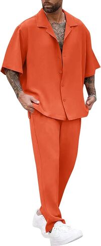 LecGee Men Summer Casual Short Sleeve Pant Sets Solid Button Down Shirt Elastic Pants 2 Piece Outfits Beach Tracksuit in Saudi Arabia