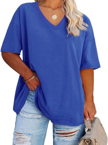 Women's Plus Size V Neck T Shirts Summer Half Sleeve Tees Casual Loose Fit Cotton Tunic Tops in Saudi Arabia