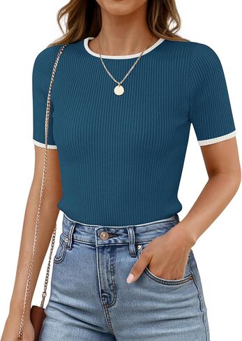 زويكا الصيف الصيفية قصيرة الأكمام مضلعة متماسكة نحيف نائم تي شيرت 2025 Crewneck الأساسي الأساسي بلوك بلوك قمم تي شيرت in Kuwait