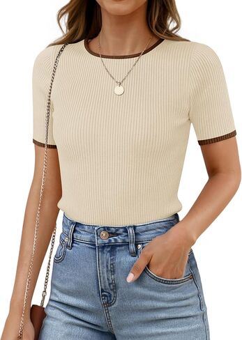 ZESICA Women's Summer Short Sleeve Ribbed Knit Slim Fit T Shirt 2025 Crewneck Basic Casual Color Block Tee Tops in Saudi Arabia