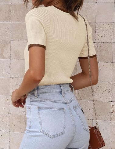 ZESICA Women's Summer Short Sleeve Ribbed Knit Slim Fit T Shirt 2025 Crewneck Basic Casual Color Block Tee Tops in Saudi Arabia
