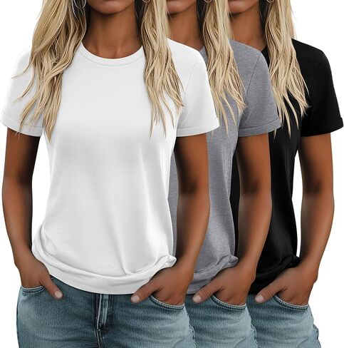Huukeay 3 Pack Women's Cotton T Shirts Casual Short Sleeve Tunic Tops Crewneck Summer Loose Fit Plain Basic Tee in Saudi Arabia