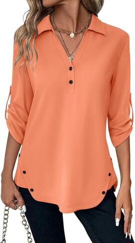 Women's 3/4 Length Rolled Sleeve Tunic Tops Collared V Neck T Shirts Both Side Buttons Blouses in Kuwait