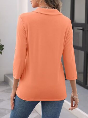 Women's 3/4 Length Rolled Sleeve Tunic Tops Collared V Neck T Shirts Both Side Buttons Blouses in Kuwait