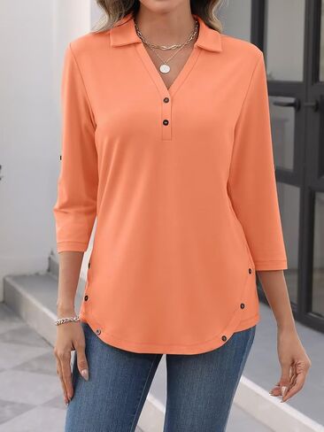 Women's 3/4 Length Rolled Sleeve Tunic Tops Collared V Neck T Shirts Both Side Buttons Blouses in Kuwait