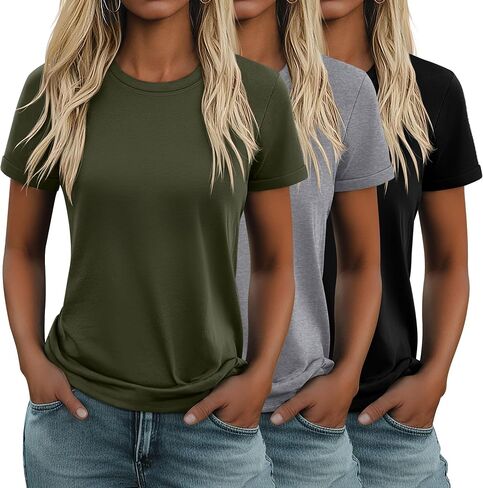 Huukeay 3 Pack Women's Cotton T Shirts Casual Short Sleeve Tunic Tops Crewneck Summer Loose Fit Plain Basic Tee in Saudi Arabia