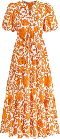 dowerme Womens Summer Dresses 2025 Casual Puff Short Sleeve V Neck Floral Boho Tiered Ruffle Maxi Dress with Pockets in Saudi Arabia