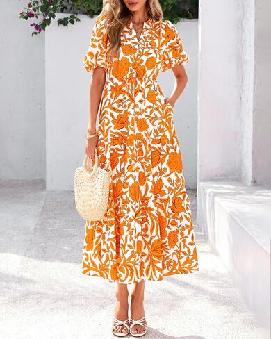 dowerme Womens Summer Dresses 2025 Casual Puff Short Sleeve V Neck Floral Boho Tiered Ruffle Maxi Dress with Pockets in Saudi Arabia