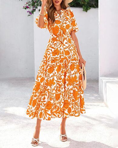 dowerme Womens Summer Dresses 2025 Casual Puff Short Sleeve V Neck Floral Boho Tiered Ruffle Maxi Dress with Pockets in Saudi Arabia