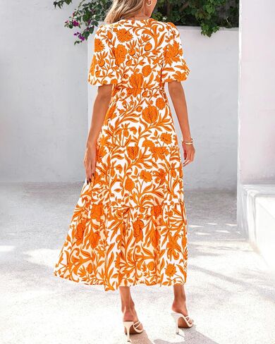 dowerme Womens Summer Dresses 2025 Casual Puff Short Sleeve V Neck Floral Boho Tiered Ruffle Maxi Dress with Pockets in Saudi Arabia
