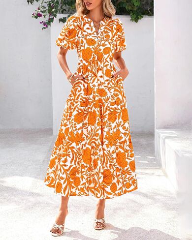 dowerme Womens Summer Dresses 2025 Casual Puff Short Sleeve V Neck Floral Boho Tiered Ruffle Maxi Dress with Pockets in Saudi Arabia
