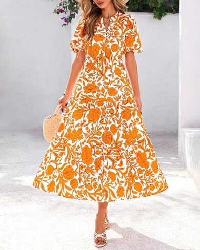 dowerme Womens Summer Dresses 2025 Casual Puff Short Sleeve V Neck Floral Boho Tiered Ruffle Maxi Dress with Pockets in Saudi Arabia