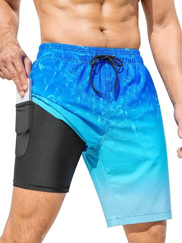 SILKWORLD Mens Swimming Trunks with Compression Liner 2 in 1 Quick-Dry 9" Swim Shorts with Zipper Pockets in Kuwait