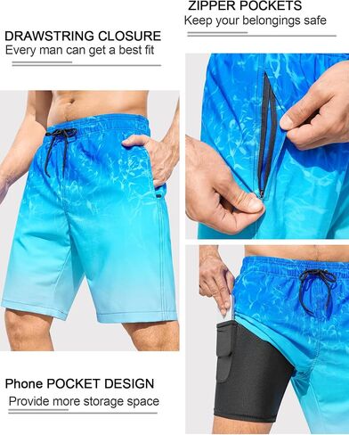 SILKWORLD Mens Swimming Trunks with Compression Liner 2 in 1 Quick-Dry 9" Swim Shorts with Zipper Pockets in Kuwait
