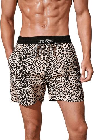 Verdusa Men's Leopard Print Drawstring Waist Swim Trunks Beach Shorts in Saudi Arabia