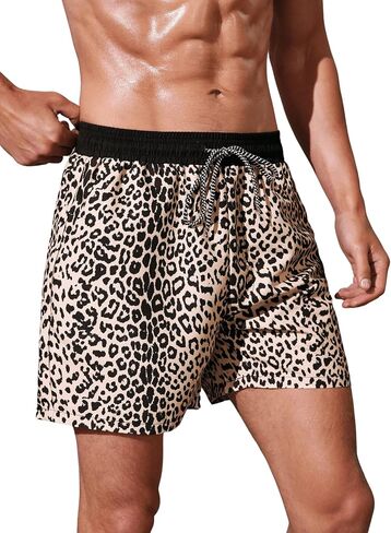 Verdusa Men's Leopard Print Drawstring Waist Swim Trunks Beach Shorts in Saudi Arabia