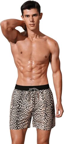 Verdusa Men's Leopard Print Drawstring Waist Swim Trunks Beach Shorts in Saudi Arabia