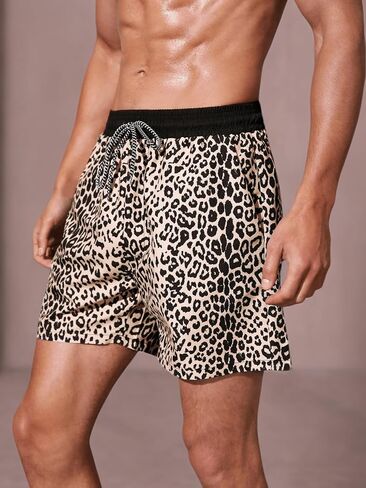 Verdusa Men's Leopard Print Drawstring Waist Swim Trunks Beach Shorts in Saudi Arabia