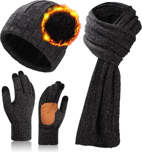 Mens Oversize XXL Winter Knit Warm Hat Fleece Beanie+Long Scarf+Touch Screen Gloves Set Skull Caps for Men Big Head in Kuwait