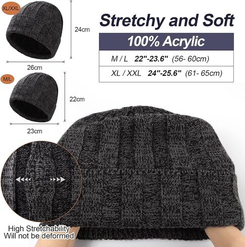 Mens Oversize XXL Winter Knit Warm Hat Fleece Beanie+Long Scarf+Touch Screen Gloves Set Skull Caps for Men Big Head in Kuwait